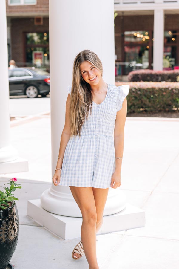 Starlet Gingham Romper | Light Blue Gingham Ruffle Romper