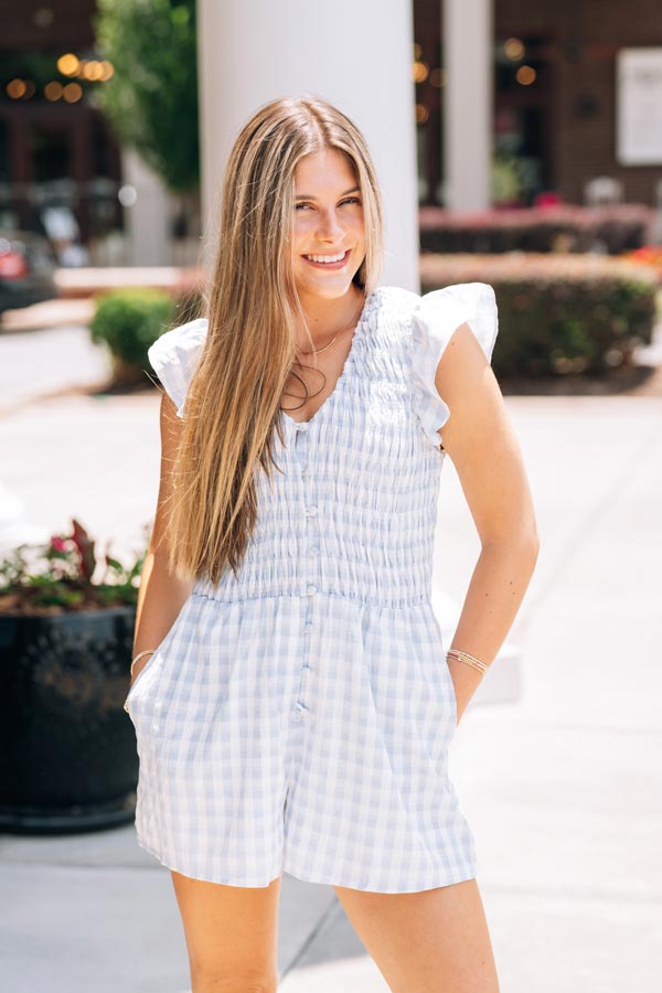 Starlet Gingham Romper | Light Blue Gingham Ruffle Romper